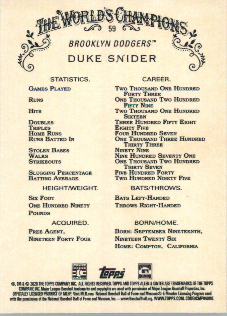 2020 Allen and Ginter (Topps) Baseball "Main Set" Base Cards #1 to #250 - Picture 109 of 467