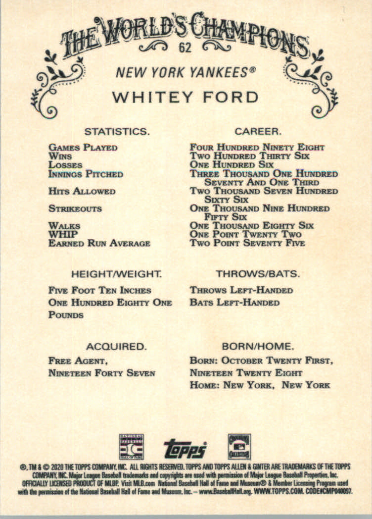 2020 Allen and Ginter (Topps) Baseball "Main Set" Base Cards #1 to #250 - Picture 113 of 467