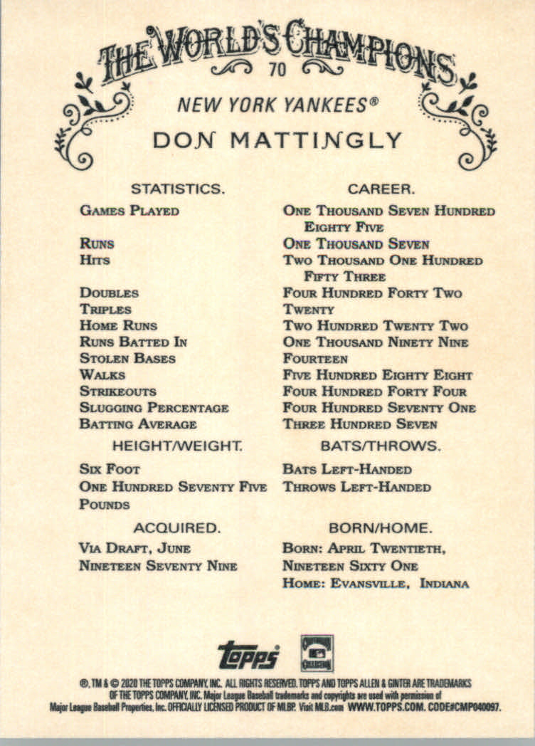 2020 Allen and Ginter (Topps) Baseball "Main Set" Base Cards #1 to #250 - Picture 127 of 467