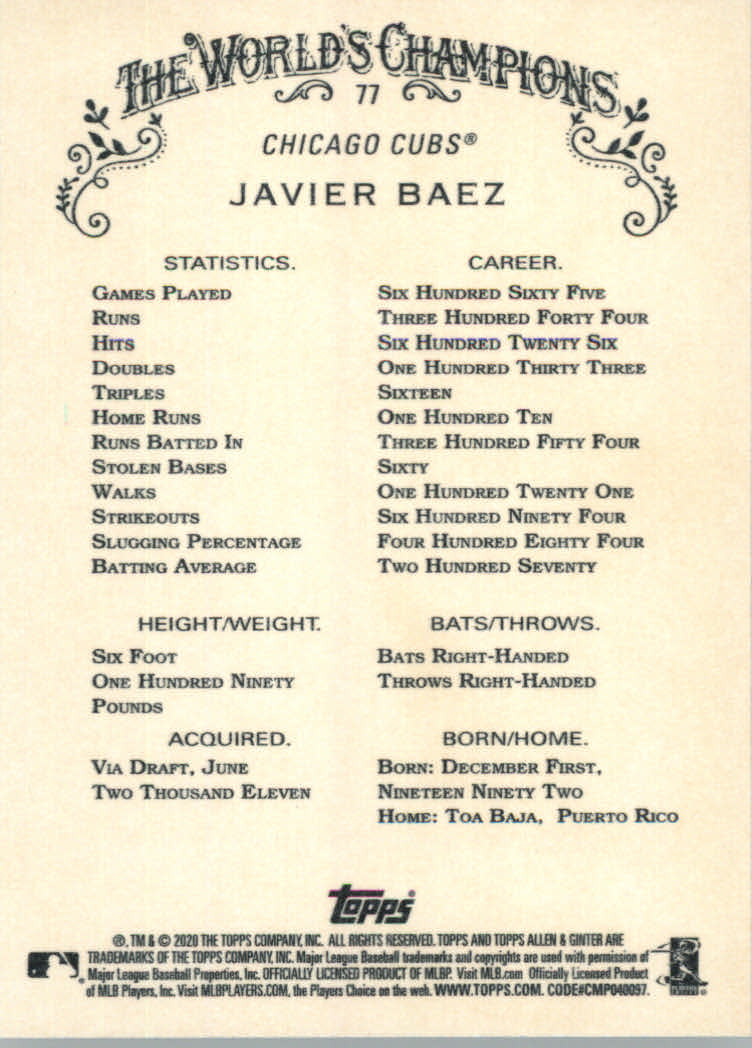 2020 Allen and Ginter (Topps) Baseball "Main Set" Base Cards #1 to #250 - Picture 137 of 467