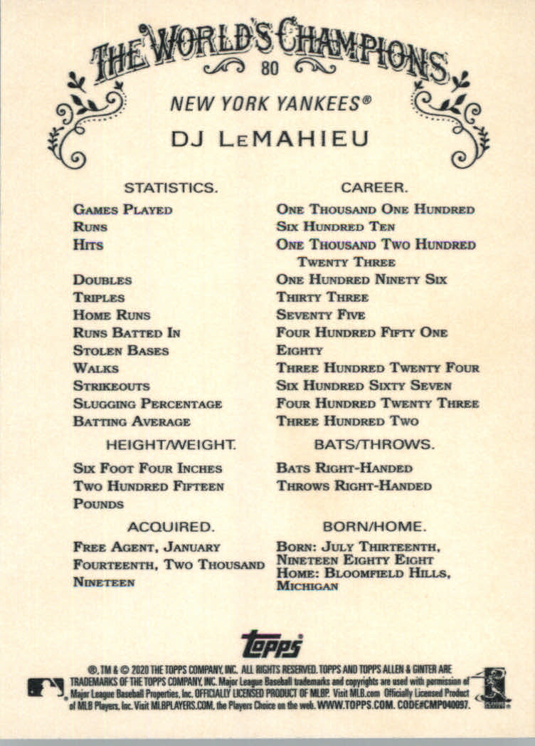 2020 Allen and Ginter (Topps) Baseball "Main Set" Base Cards #1 to #250 - Picture 143 of 467