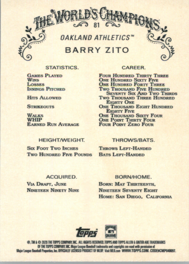 2020 Allen and Ginter (Topps) Baseball "Main Set" Base Cards #1 to #250 - Picture 145 of 467