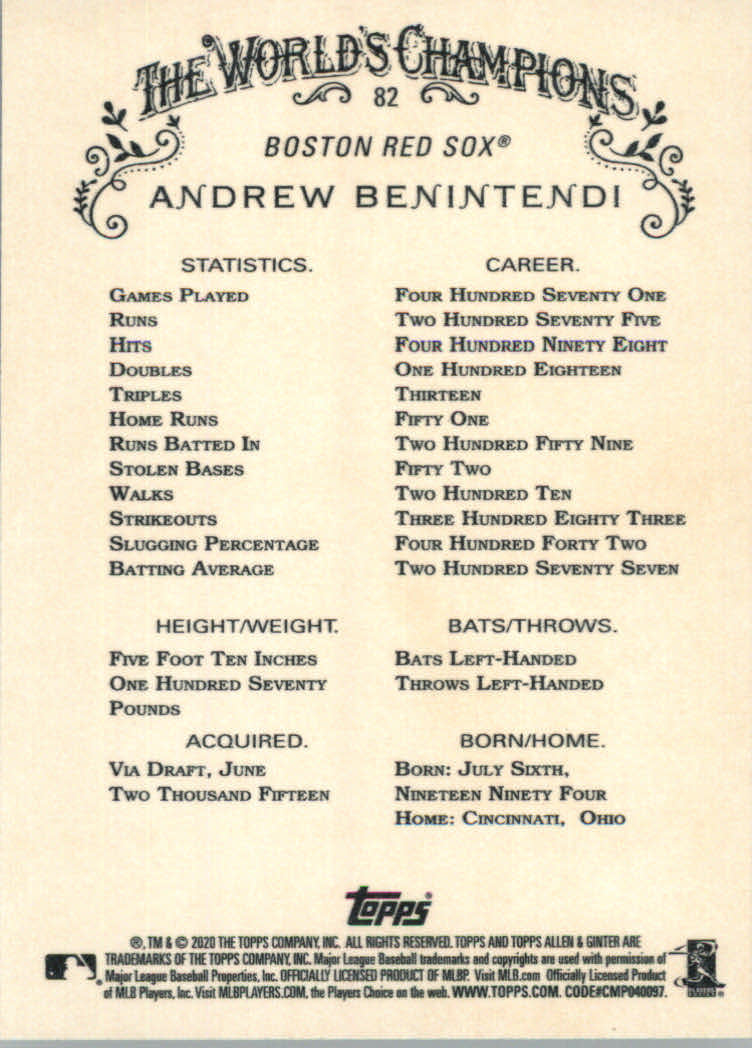 2020 Allen and Ginter (Topps) Baseball "Main Set" Base Cards #1 to #250 - Picture 147 of 467