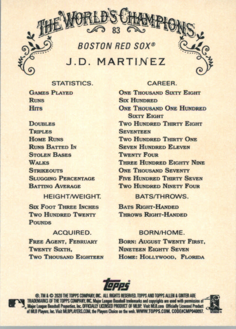 2020 Allen and Ginter (Topps) Baseball "Main Set" Base Cards #1 to #250 - Picture 149 of 467