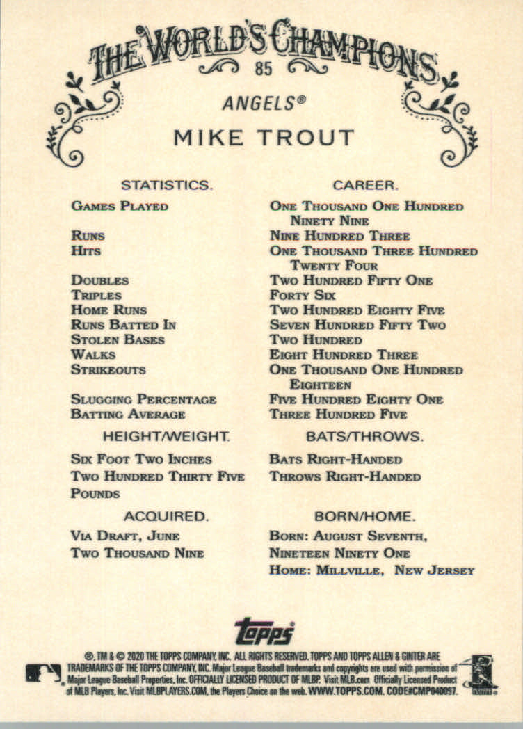 2020 Allen and Ginter (Topps) Baseball "Main Set" Base Cards #1 to #250 - Picture 153 of 467