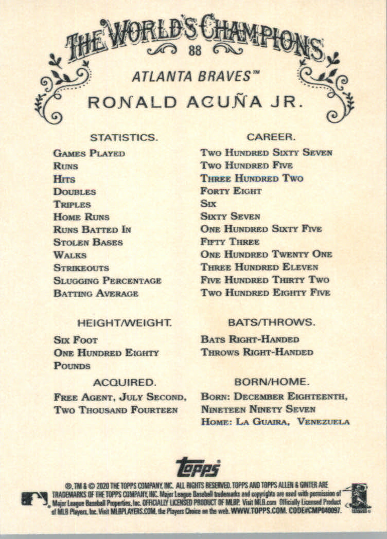 2020 Allen and Ginter (Topps) Baseball "Main Set" Base Cards #1 to #250 - Picture 159 of 467