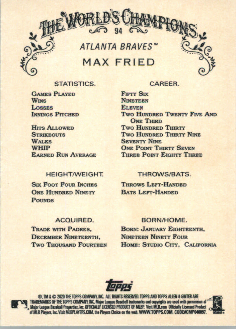 2020 Allen and Ginter (Topps) Baseball "Main Set" Base Cards #1 to #250 - Picture 167 of 467