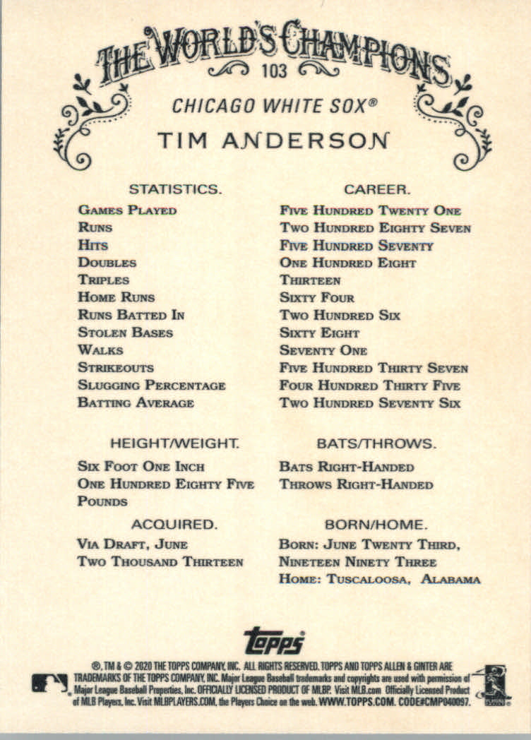 2020 Allen and Ginter (Topps) Baseball "Main Set" Base Cards #1 to #250 - Picture 183 of 467