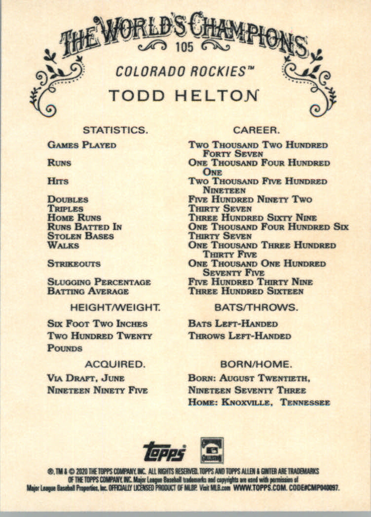 2020 Allen and Ginter (Topps) Baseball "Main Set" Base Cards #1 to #250 - Picture 187 of 467