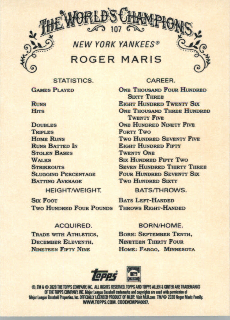 2020 Allen and Ginter (Topps) Baseball "Main Set" Base Cards #1 to #250 - Picture 191 of 467