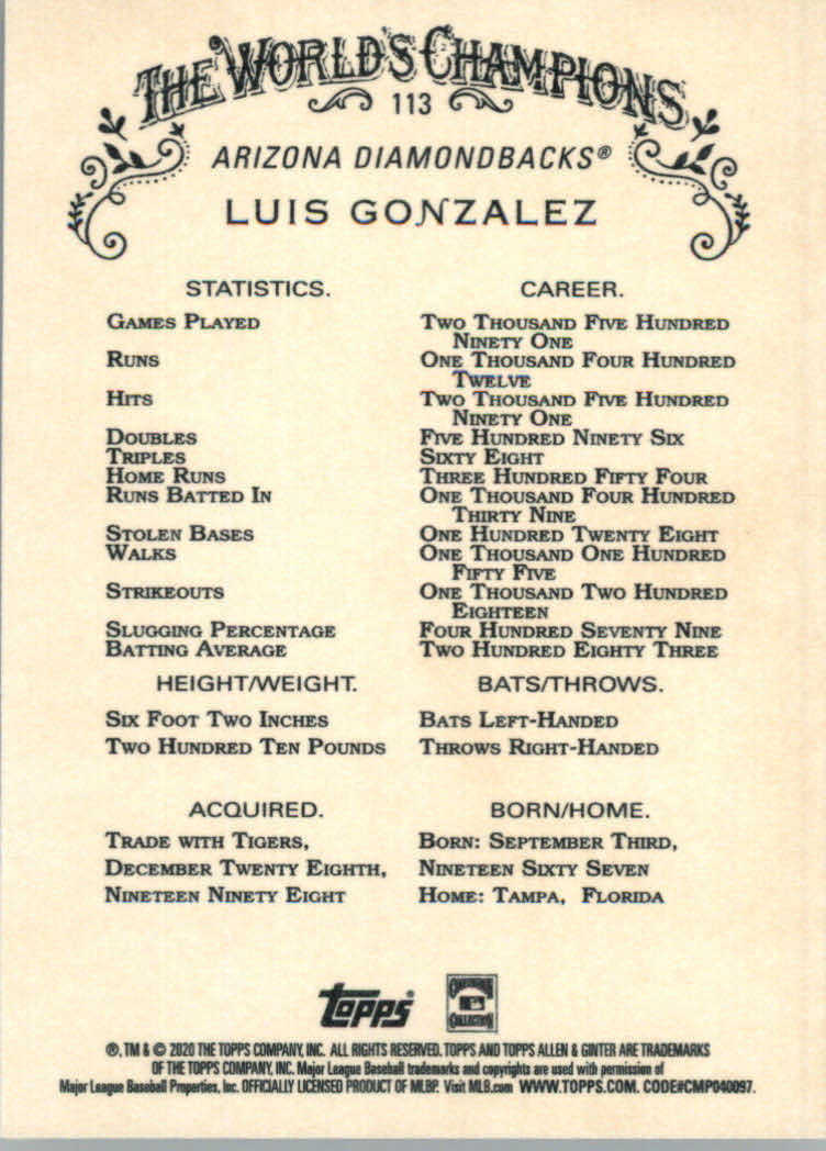 2020 Allen and Ginter (Topps) Baseball "Main Set" Base Cards #1 to #250 - Picture 203 of 467