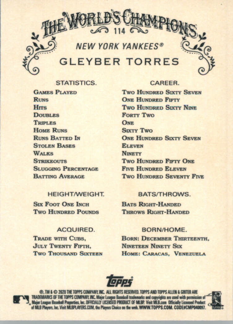 2020 Allen and Ginter (Topps) Baseball "Main Set" Base Cards #1 to #250 - Picture 205 of 467