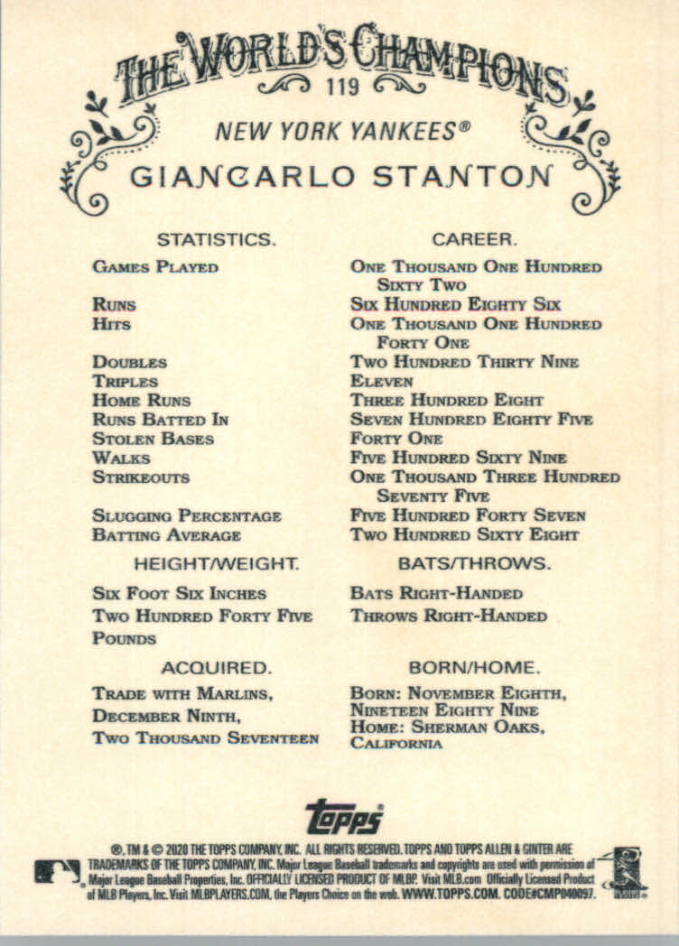 2020 Allen and Ginter (Topps) Baseball "Main Set" Base Cards #1 to #250 - Picture 213 of 467