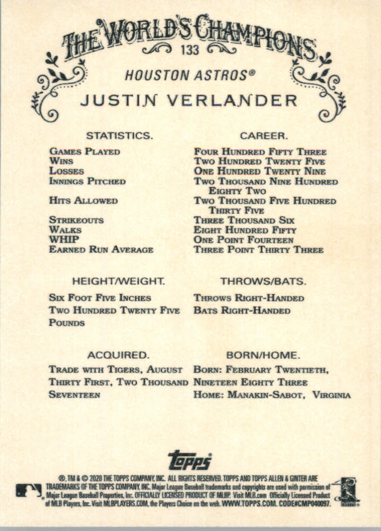 2020 Allen and Ginter (Topps) Baseball "Main Set" Base Cards #1 to #250 - Picture 239 of 467