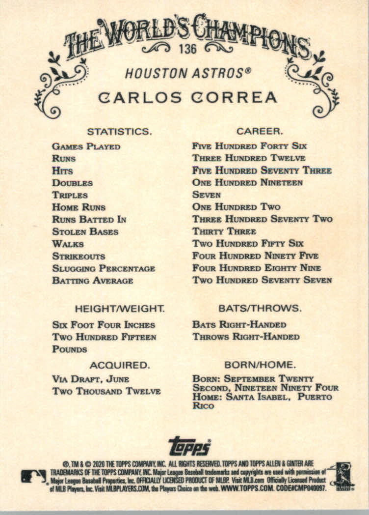 2020 Allen and Ginter (Topps) Baseball "Main Set" Base Cards #1 to #250 - Picture 245 of 467