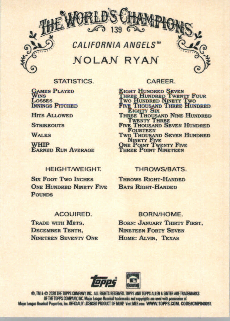 2020 Allen and Ginter (Topps) Baseball "Main Set" Base Cards #1 to #250 - Picture 249 of 467