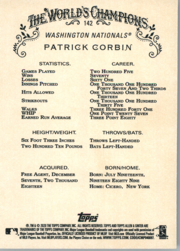 2020 Allen and Ginter (Topps) Baseball "Main Set" Base Cards #1 to #250 - Picture 253 of 467