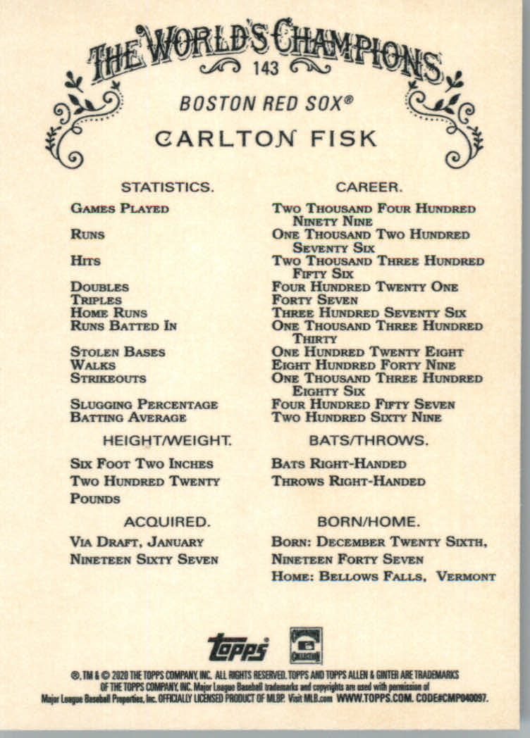 2020 Allen and Ginter (Topps) Baseball "Main Set" Base Cards #1 to #250 - Picture 255 of 467