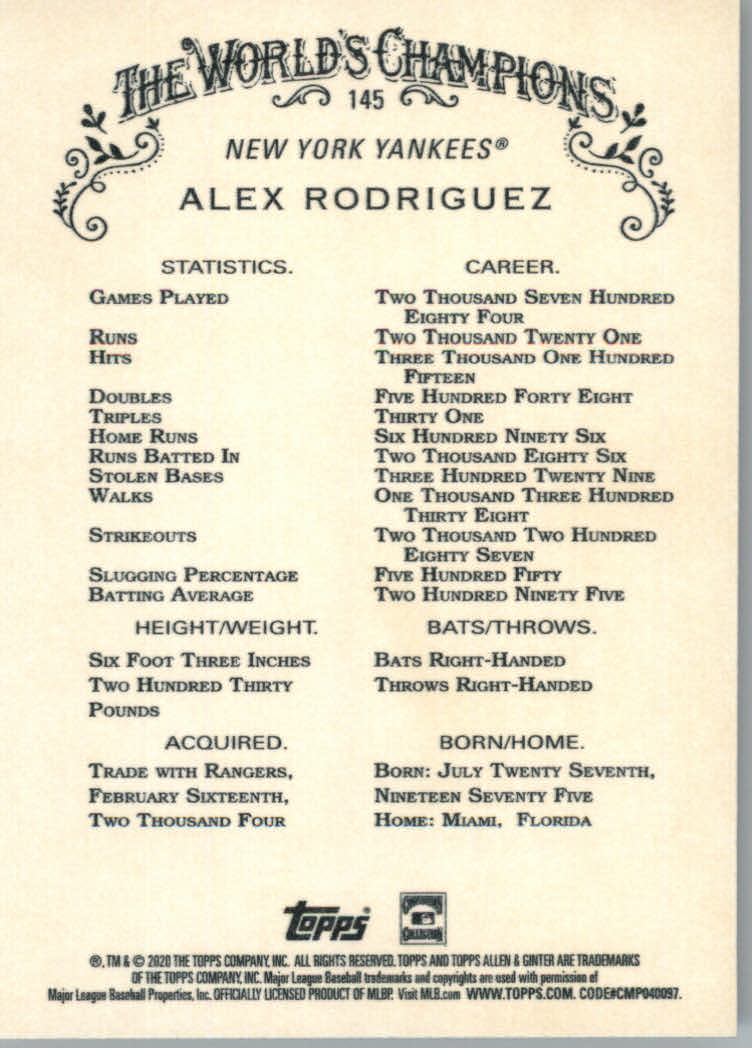 2020 Allen and Ginter (Topps) Baseball "Main Set" Base Cards #1 to #250 - Picture 259 of 467