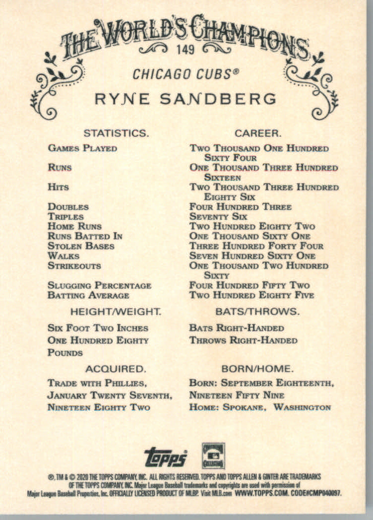 2020 Allen and Ginter (Topps) Baseball "Main Set" Base Cards #1 to #250 - Picture 267 of 467