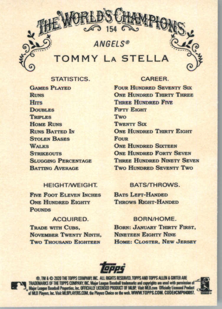 2020 Allen and Ginter (Topps) Baseball "Main Set" Base Cards #1 to #250 - Picture 277 of 467