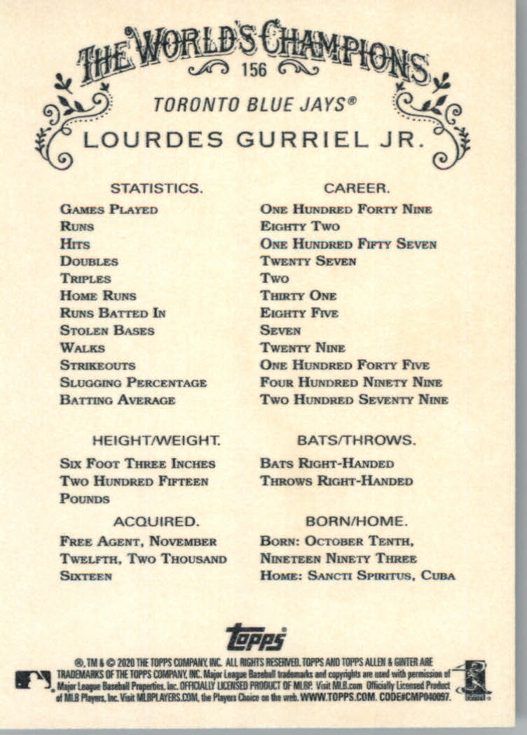 2020 Allen and Ginter (Topps) Baseball "Main Set" Base Cards #1 to #250 - Picture 281 of 467