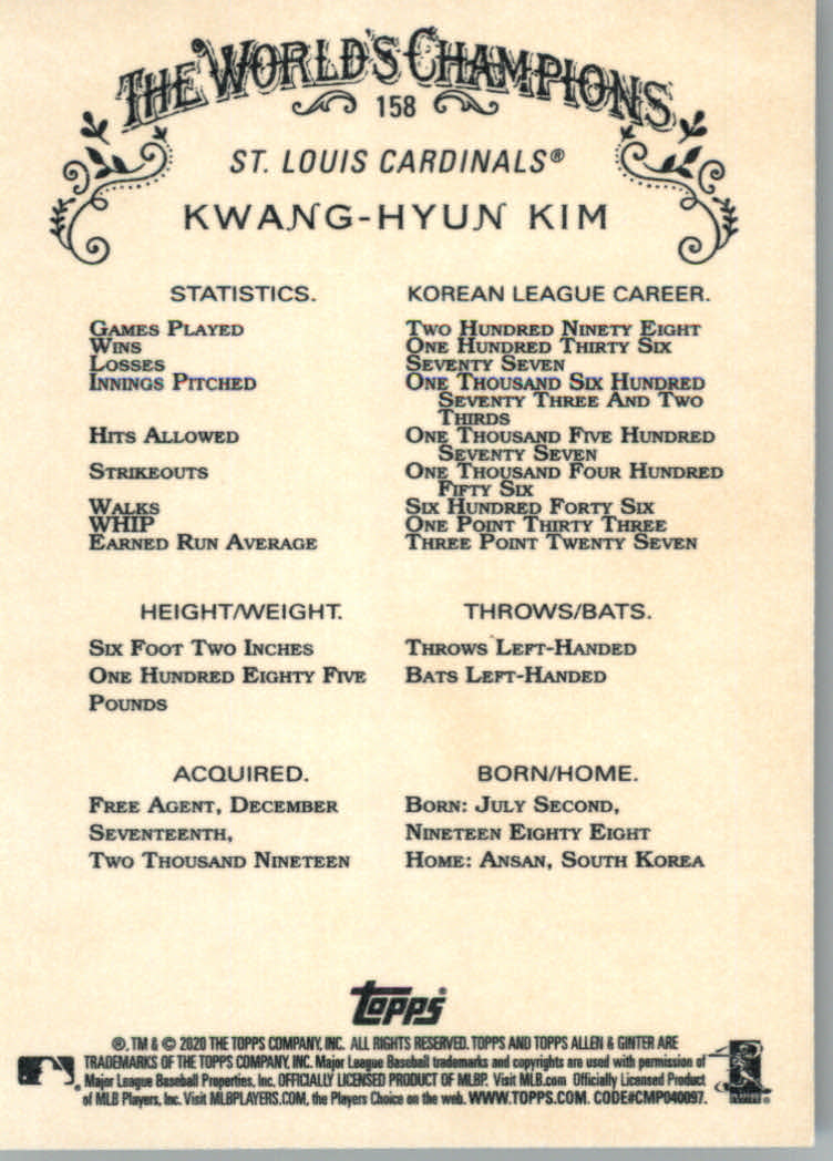 2020 Allen and Ginter (Topps) Baseball "Main Set" Base Cards #1 to #250 - Picture 285 of 467