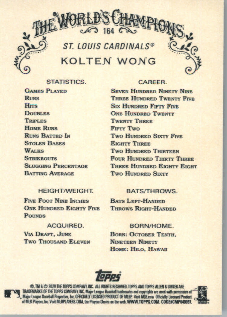 2020 Allen and Ginter (Topps) Baseball "Main Set" Base Cards #1 to #250 - Picture 297 of 467