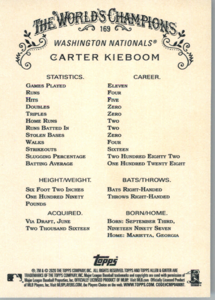 2020 Allen and Ginter (Topps) Baseball "Main Set" Base Cards #1 to #250 - Picture 307 of 467