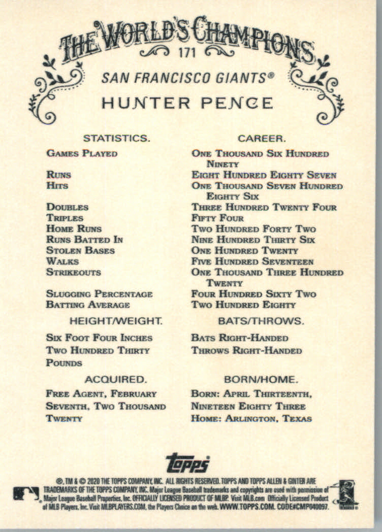 2020 Allen and Ginter (Topps) Baseball "Main Set" Base Cards #1 to #250 - Picture 309 of 467