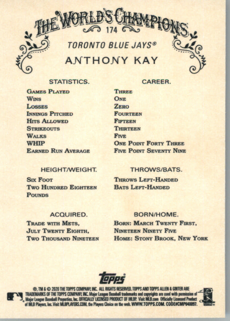 2020 Allen and Ginter (Topps) Baseball "Main Set" Base Cards #1 to #250 - Picture 315 of 467