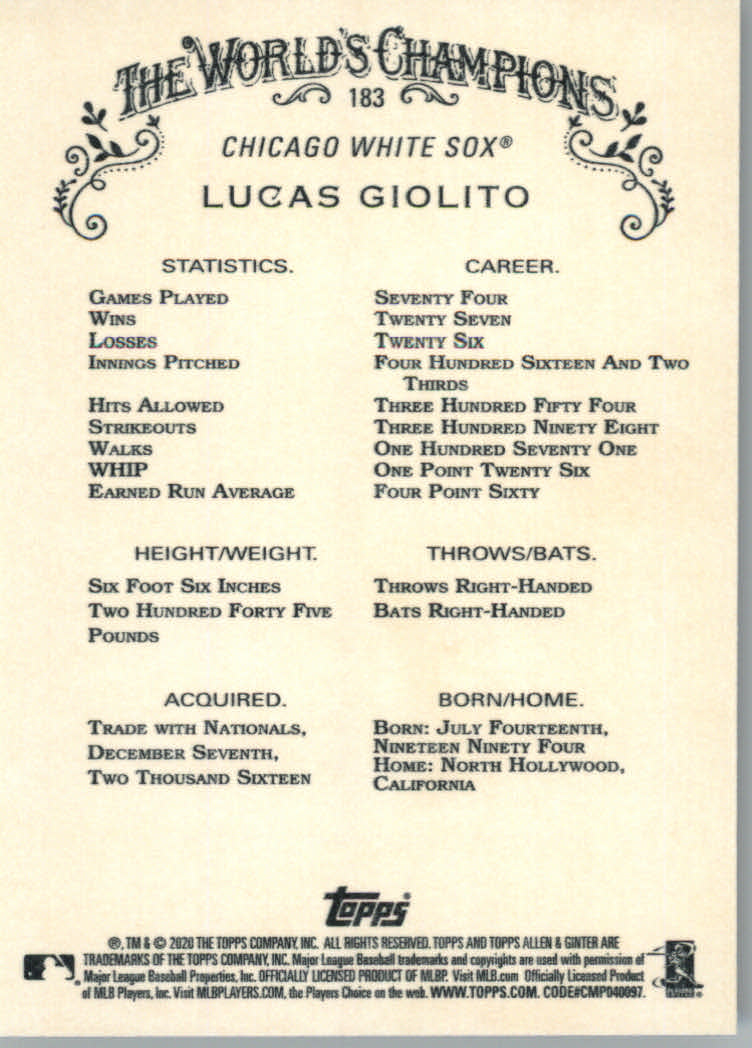 2020 Allen and Ginter (Topps) Baseball "Main Set" Base Cards #1 to #250 - Picture 333 of 467