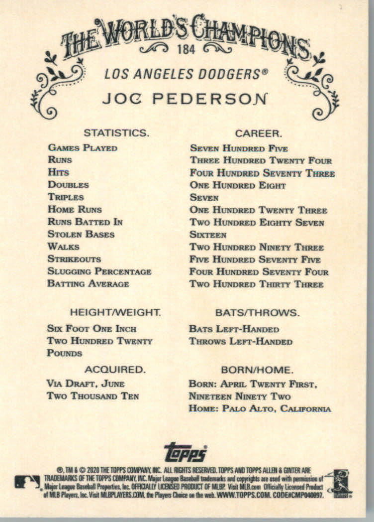 2020 Allen and Ginter (Topps) Baseball "Main Set" Base Cards #1 to #250 - Picture 335 of 467