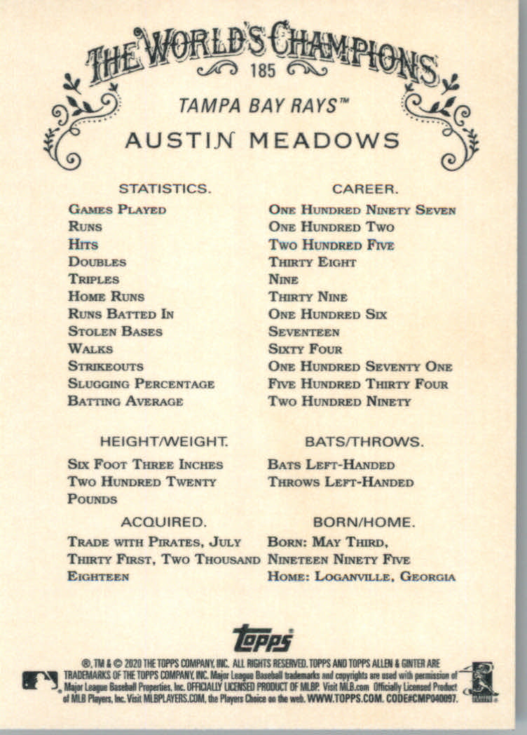 2020 Allen and Ginter (Topps) Baseball "Main Set" Base Cards #1 to #250 - Picture 337 of 467