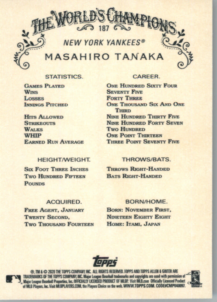 2020 Allen and Ginter (Topps) Baseball "Main Set" Base Cards #1 to #250 - Picture 341 of 467