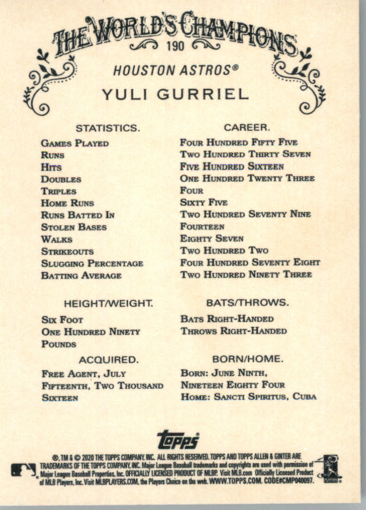 2020 Allen and Ginter (Topps) Baseball "Main Set" Base Cards #1 to #250 - Picture 347 of 467