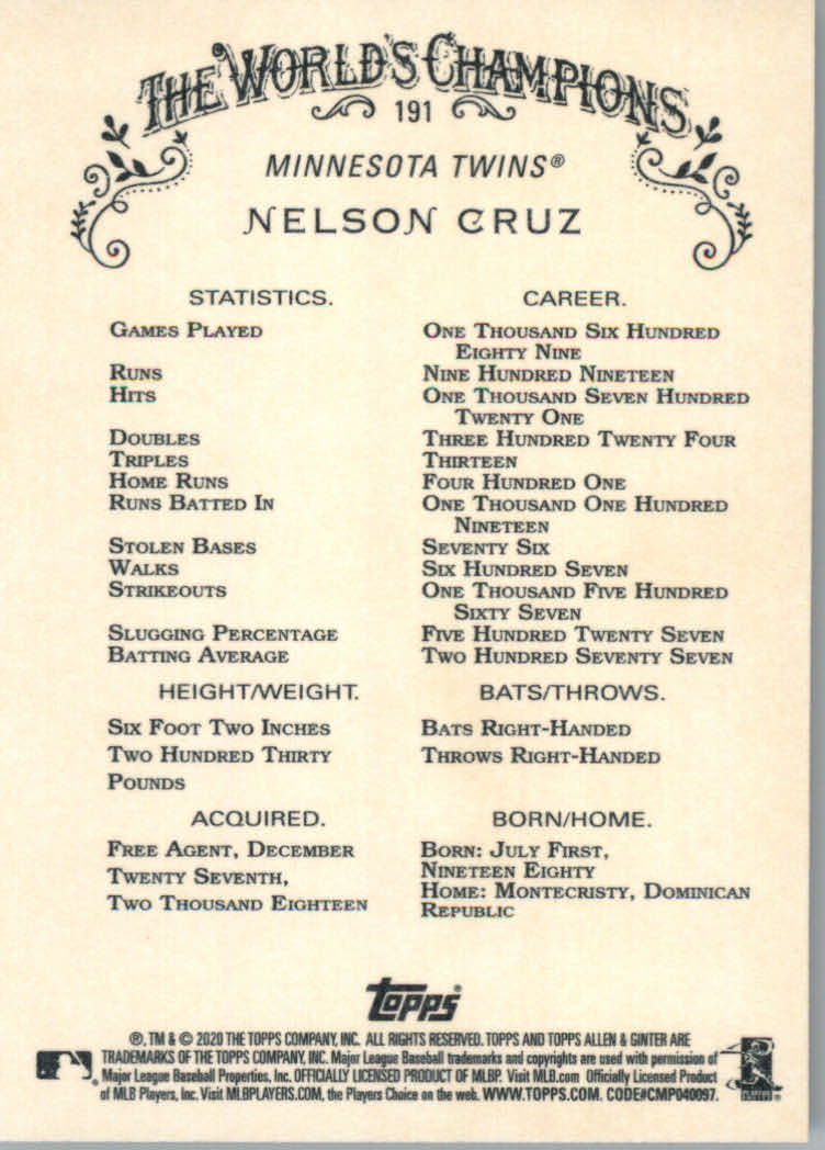 2020 Allen and Ginter (Topps) Baseball "Main Set" Base Cards #1 to #250 - Picture 349 of 467