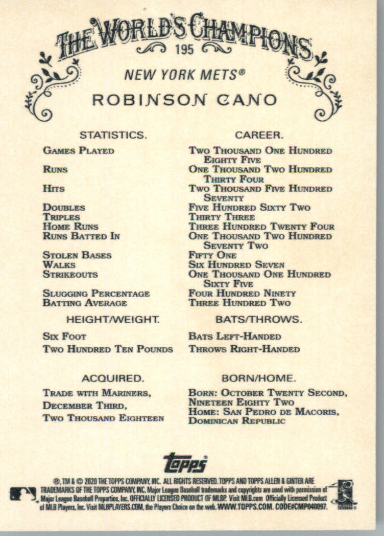 2020 Allen and Ginter (Topps) Baseball "Main Set" Base Cards #1 to #250 - Picture 357 of 467