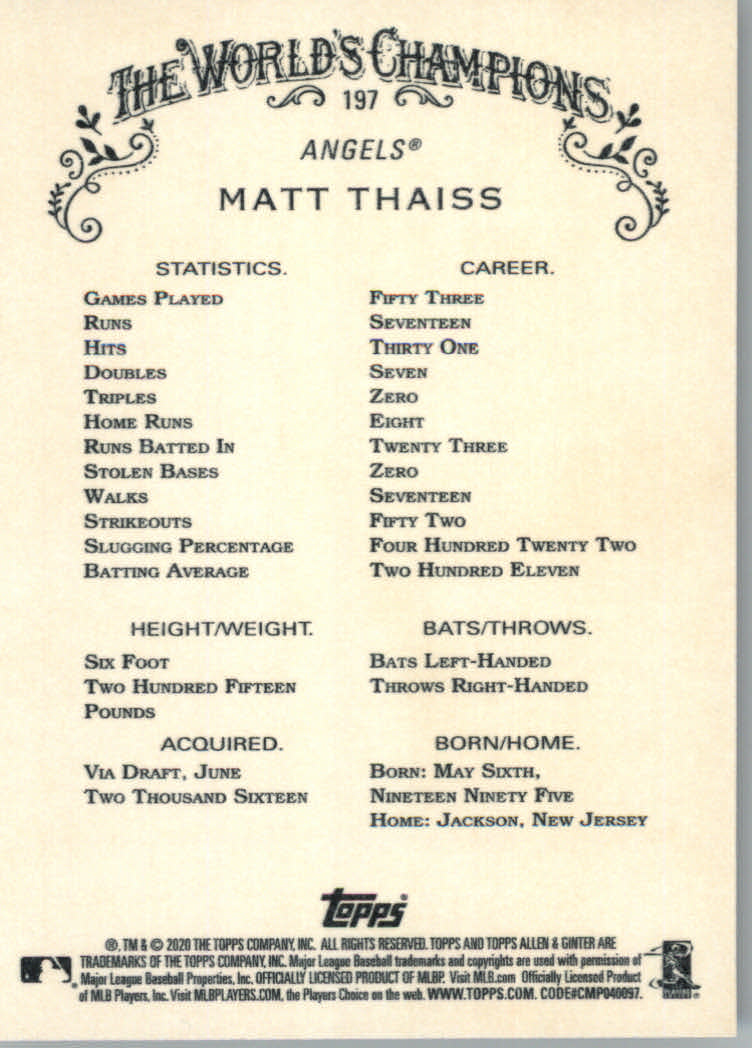 2020 Allen and Ginter (Topps) Baseball "Main Set" Base Cards #1 to #250 - Picture 361 of 467