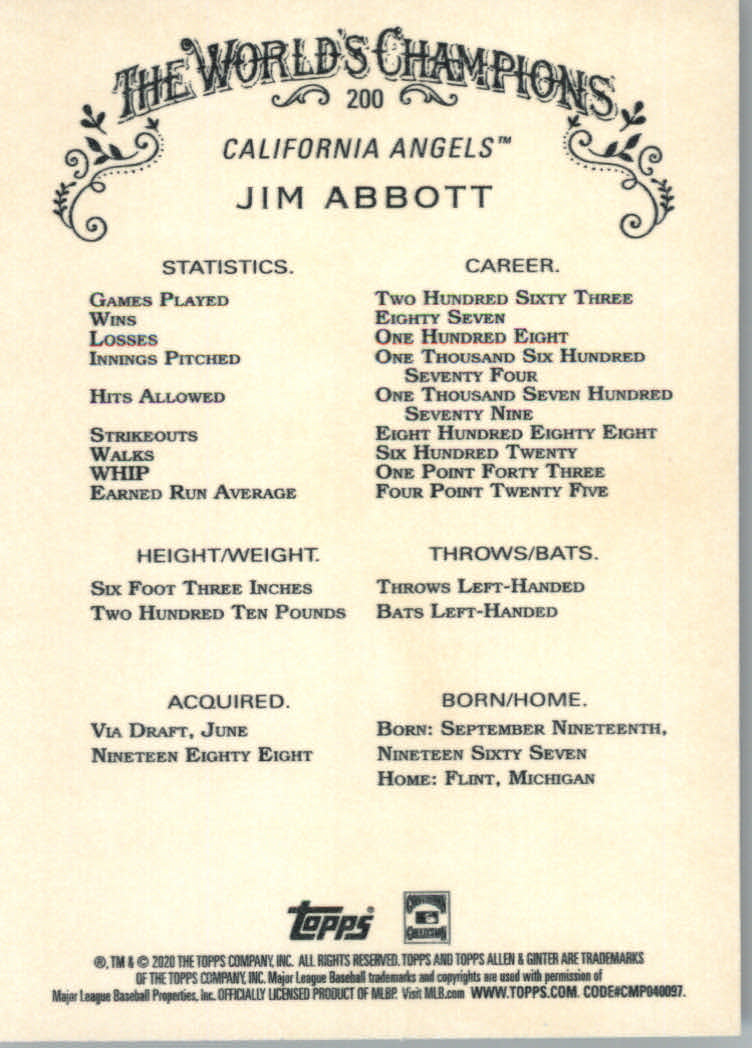 2020 Allen and Ginter (Topps) Baseball "Main Set" Base Cards #1 to #250 - Picture 367 of 467