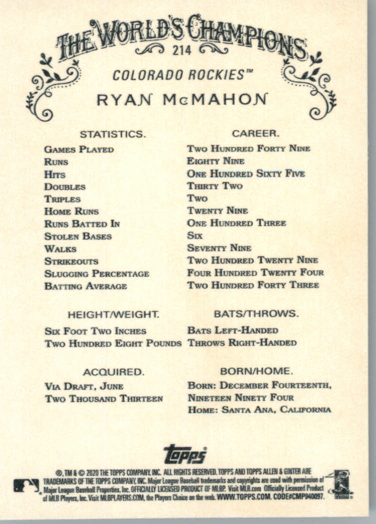 2020 Allen and Ginter (Topps) Baseball "Main Set" Base Cards #1 to #250 - Picture 395 of 467