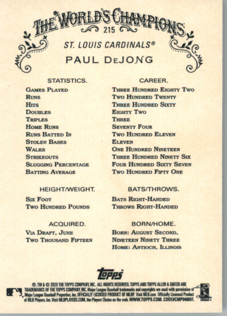 2020 Allen and Ginter (Topps) Baseball "Main Set" Base Cards #1 to #250 - Picture 397 of 467