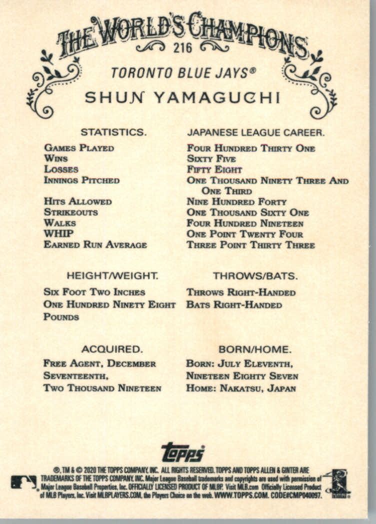 2020 Allen and Ginter (Topps) Baseball "Main Set" Base Cards #1 to #250 - Picture 399 of 467