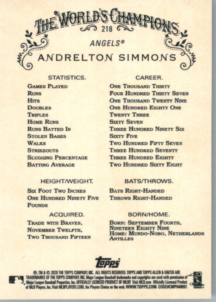 2020 Allen and Ginter (Topps) Baseball "Main Set" Base Cards #1 to #250 - Picture 403 of 467