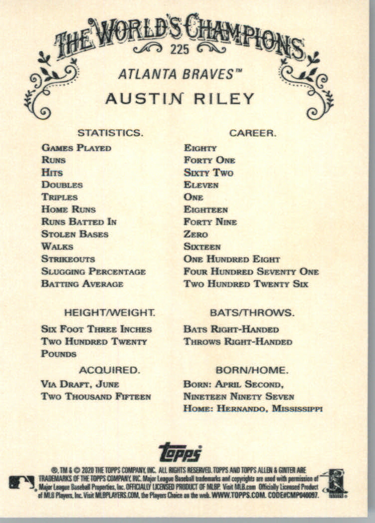 2020 Allen and Ginter (Topps) Baseball "Main Set" Base Cards #1 to #250 - Picture 417 of 467