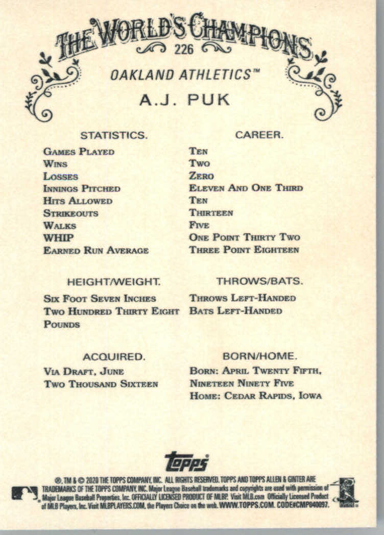 2020 Allen and Ginter (Topps) Baseball "Main Set" Base Cards #1 to #250 - Picture 419 of 467