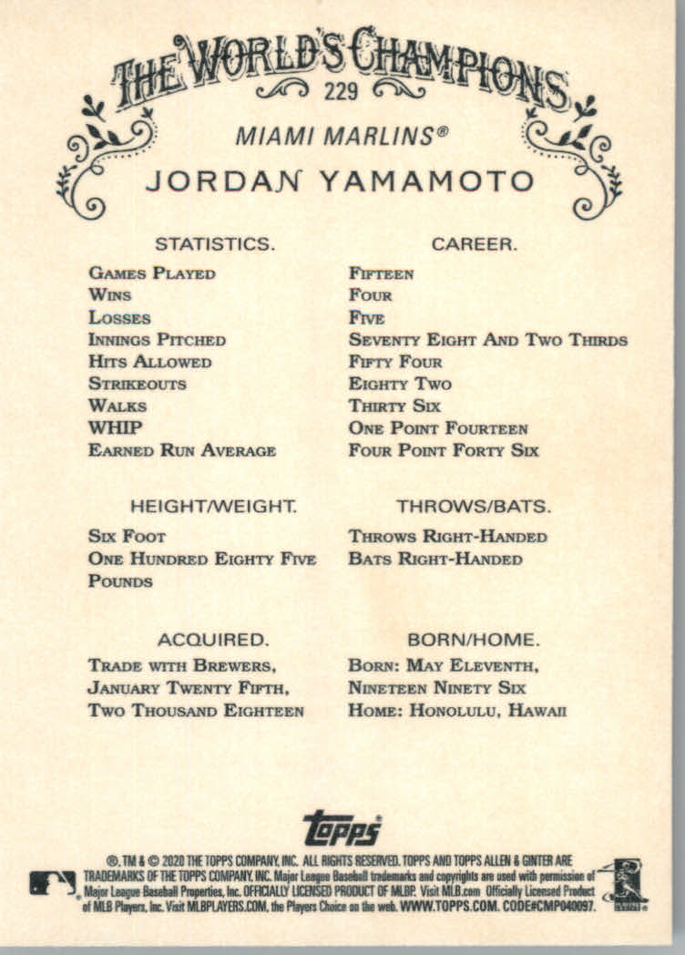 2020 Allen and Ginter (Topps) Baseball "Main Set" Base Cards #1 to #250 - Picture 425 of 467