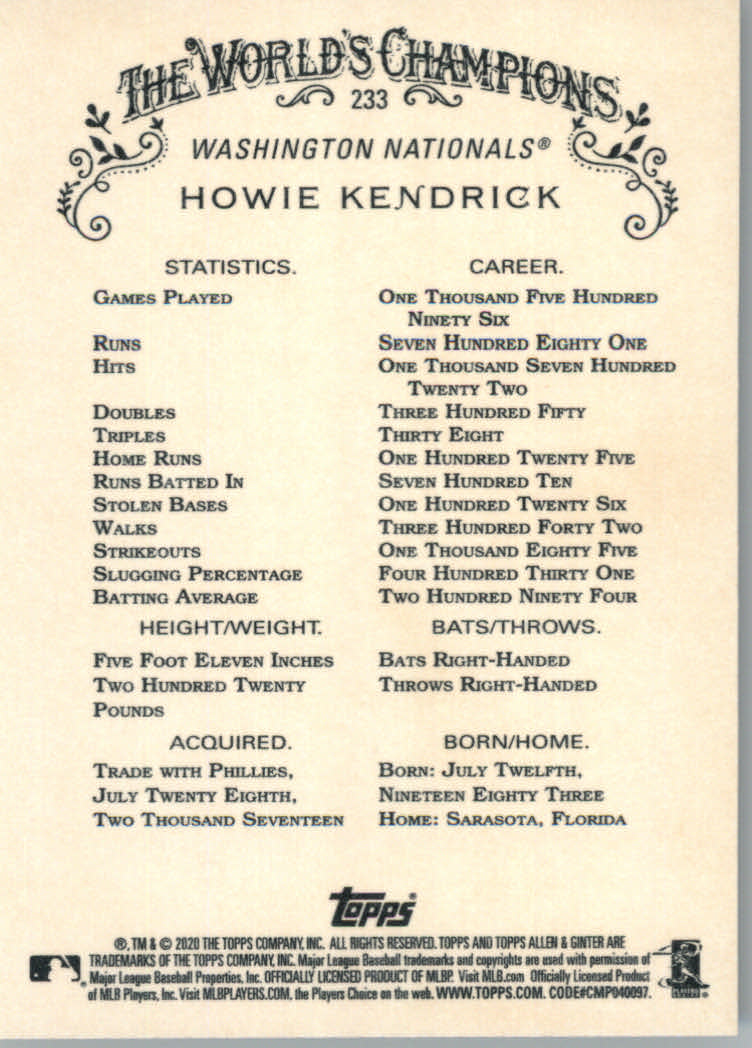 2020 Allen and Ginter (Topps) Baseball "Main Set" Base Cards #1 to #250 - Picture 433 of 467