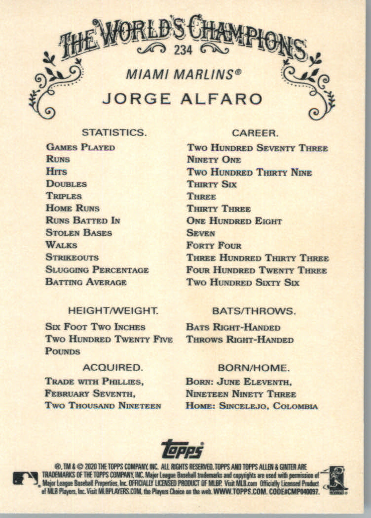 2020 Allen and Ginter (Topps) Baseball "Main Set" Base Cards #1 to #250 - Picture 435 of 467