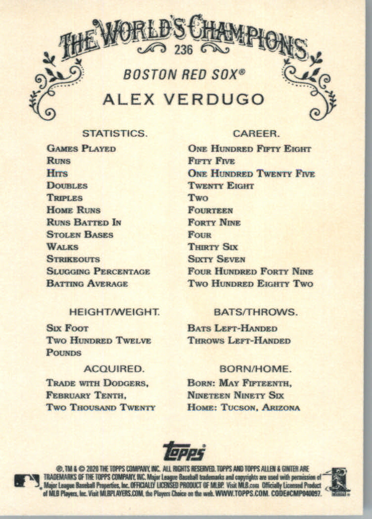 2020 Allen and Ginter (Topps) Baseball "Main Set" Base Cards #1 to #250 - Picture 439 of 467